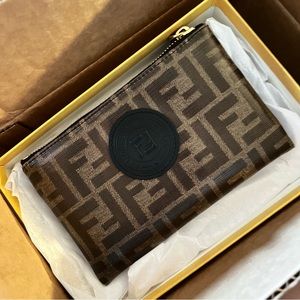 Authentic Fendi FFreedom Logo Stamp Flat Clutch Pouch Zucca Coated Canvas Small